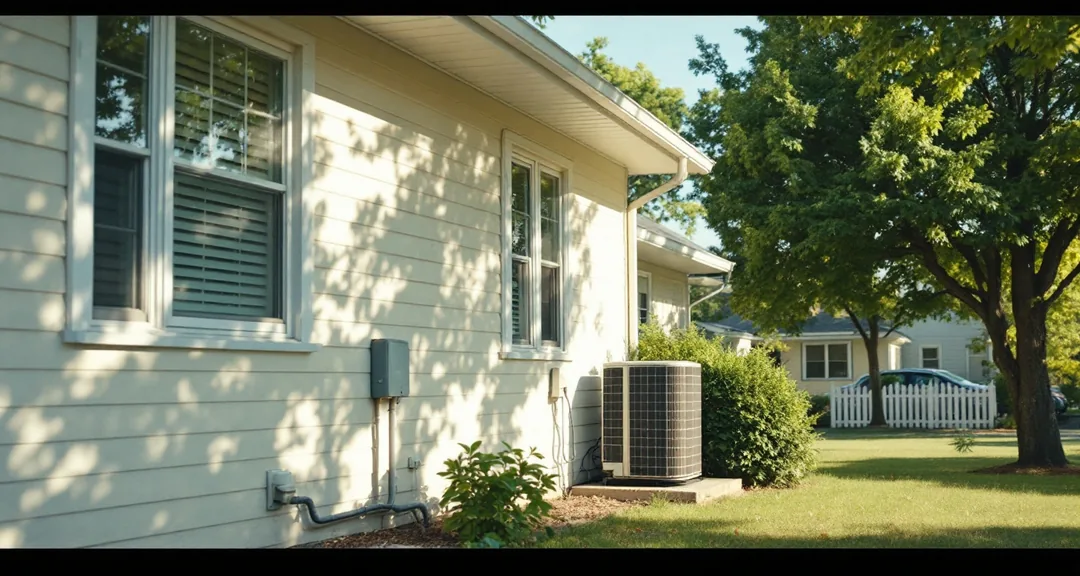 Suburban American house on a summer afternoon with its outdoor air conditioning
              condenser standing at the side of the building