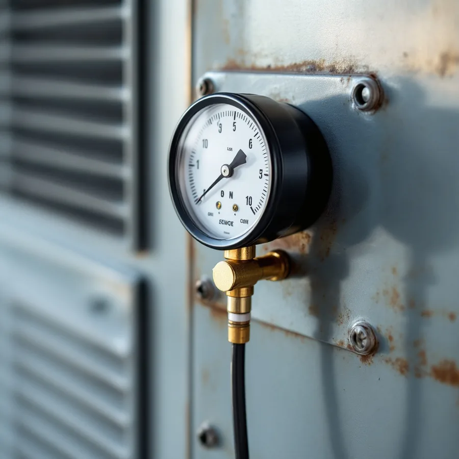 Small round pressure gauge threaded into a port in the sheet metal side of an indoor air handler with a hose leading away