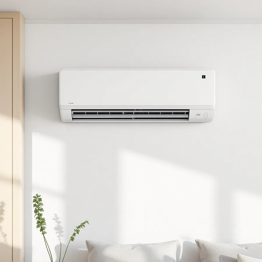 White wall-mounted ductless mini split indoor head high on the wall of a plainly furnished room