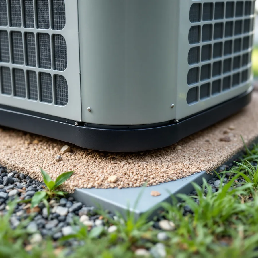 Base of an outdoor condenser unit standing on a composite pad that has settled unevenly into gravel and grass