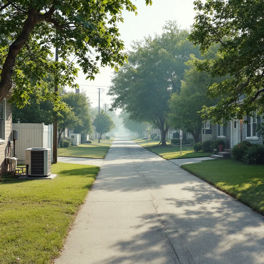 Quiet suburban American street on a hot summer afternoon with an outdoor air conditioning unit beside the nearest house