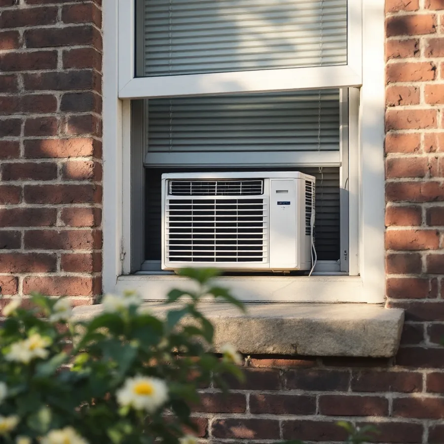 Window air conditioning unit installed in the lower sash of a house window, seen from outside against a brick wall