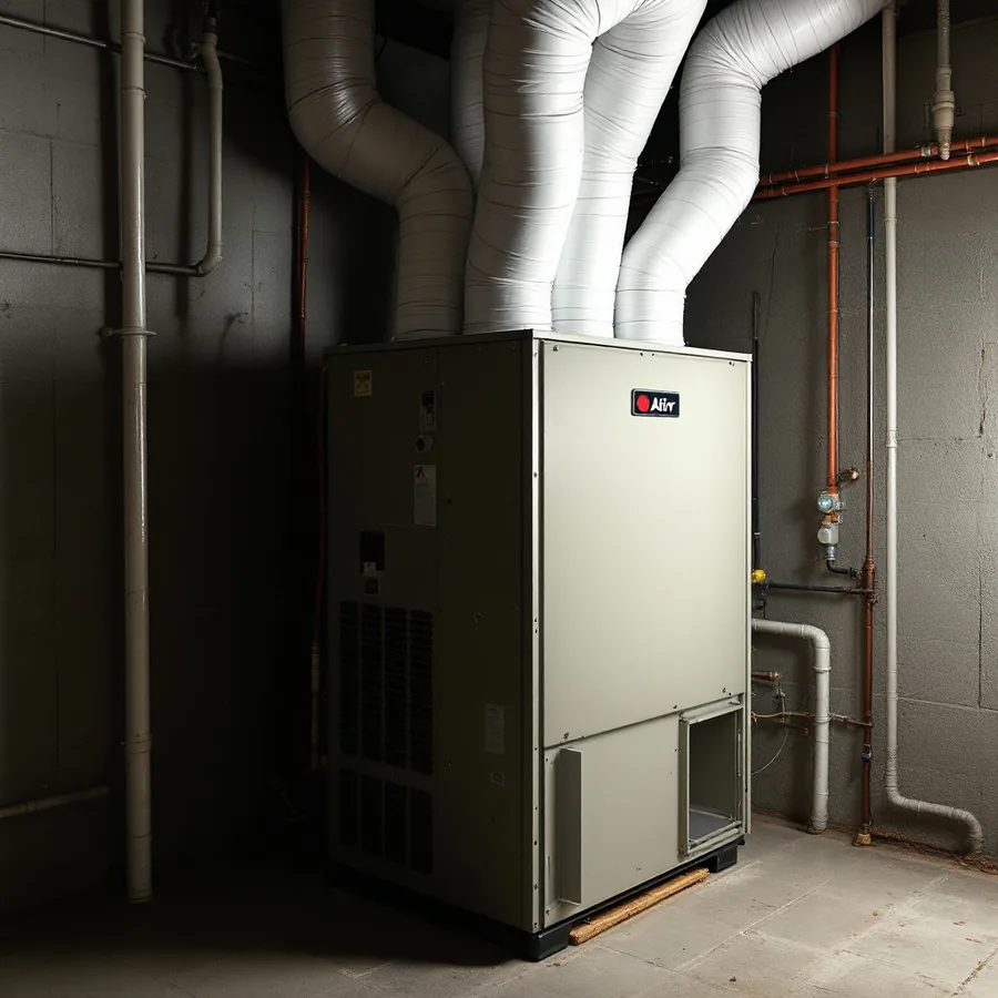 Indoor air handler standing in a basement with insulated flexible ducts running from the top of the cabinet