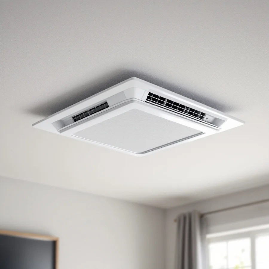 Ceiling cassette indoor unit fitted flush into a suspended ceiling with white supply grilles