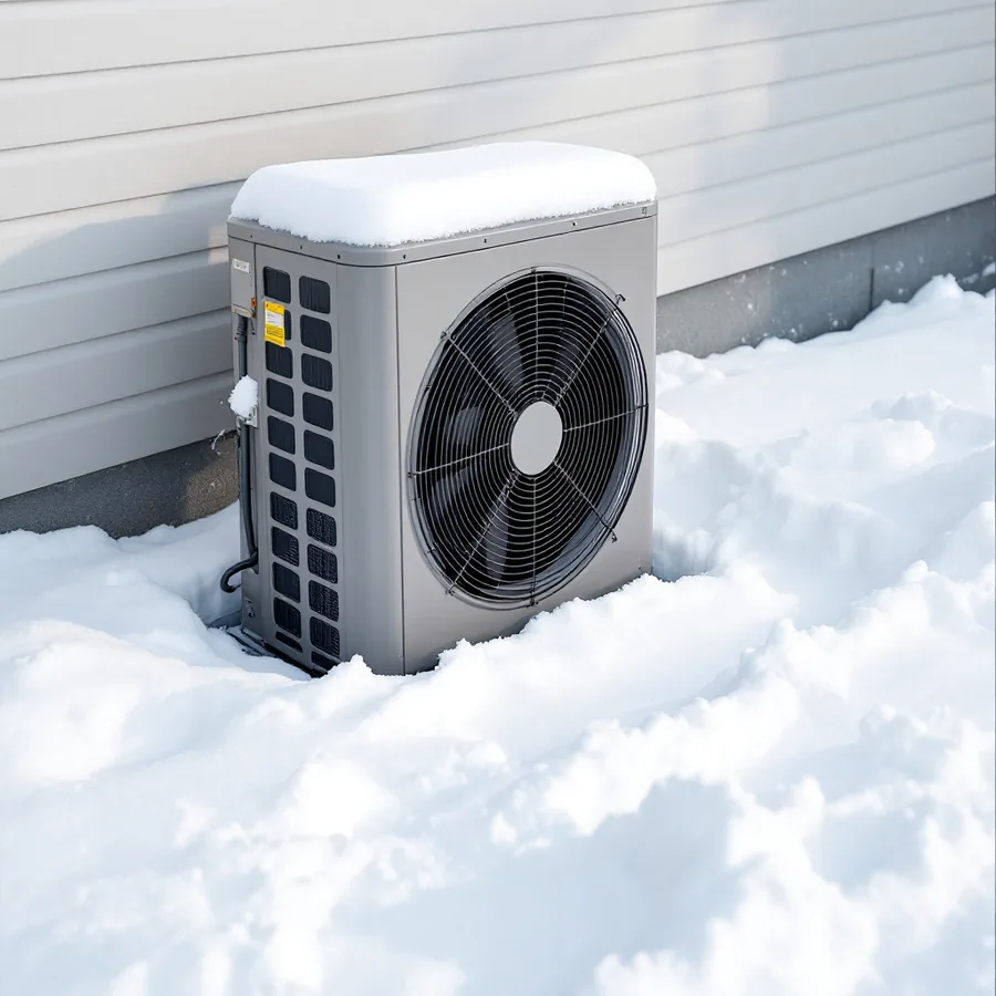 Outdoor heat pump unit standing clear of the snow with drifts shovelled back from all four sides
