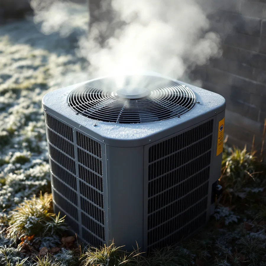 Frost on an outdoor unit with white vapour rising from the fan during a defrost cycle on a cold morning