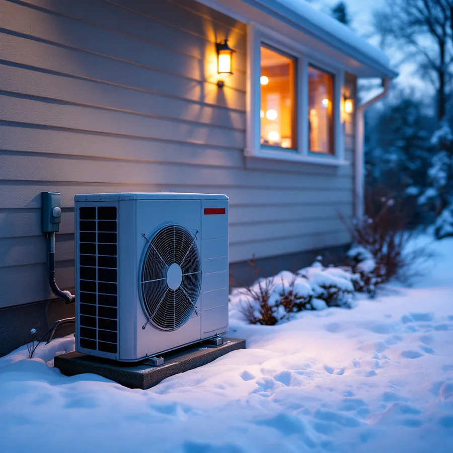 Outdoor heat pump unit running beside a house at winter dusk with warm light in the windows behind it