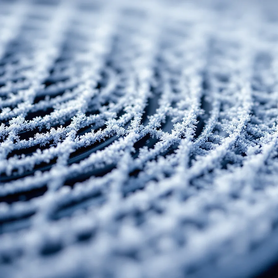 Close-up of white frost crystals covering the aluminium fins of an outdoor unit coil