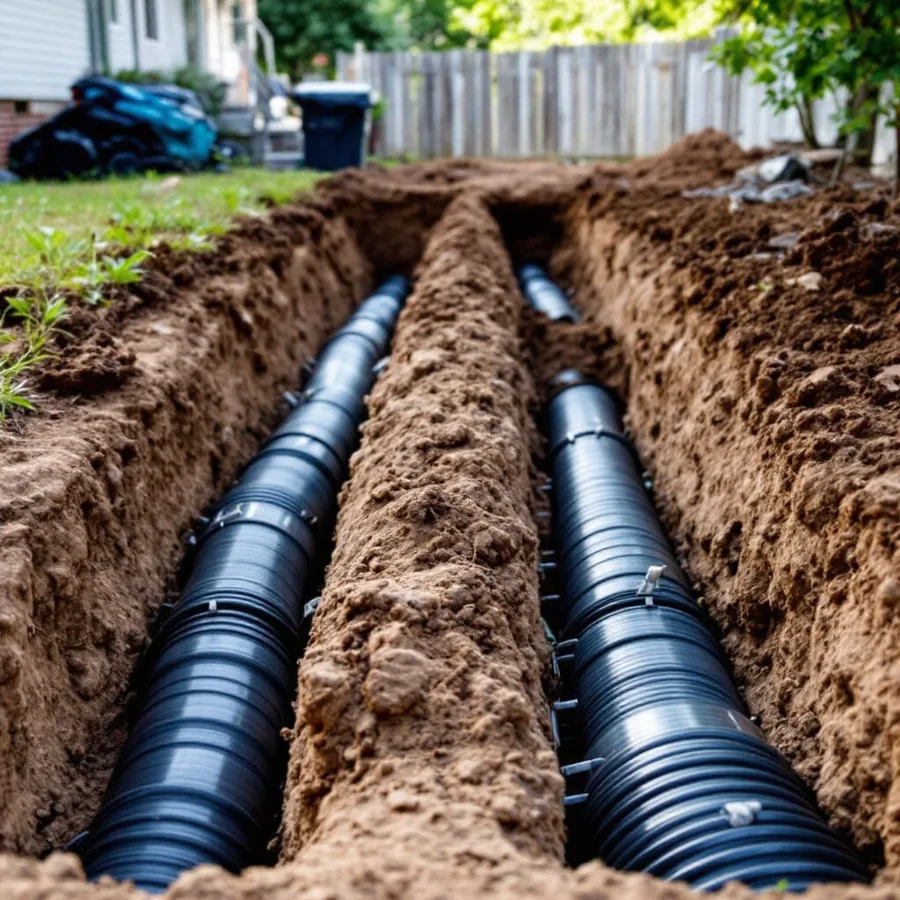 Trench in a garden with black plastic ground loop piping laid in coils before backfilling