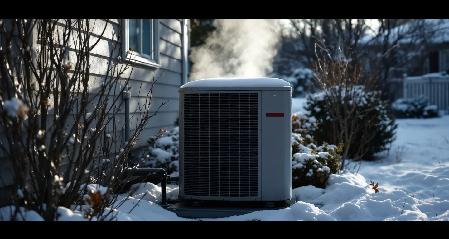 Outdoor heat pump unit running beside a house in winter, vapour rising from the
              top of the cabinet and snow lying on the ground around it