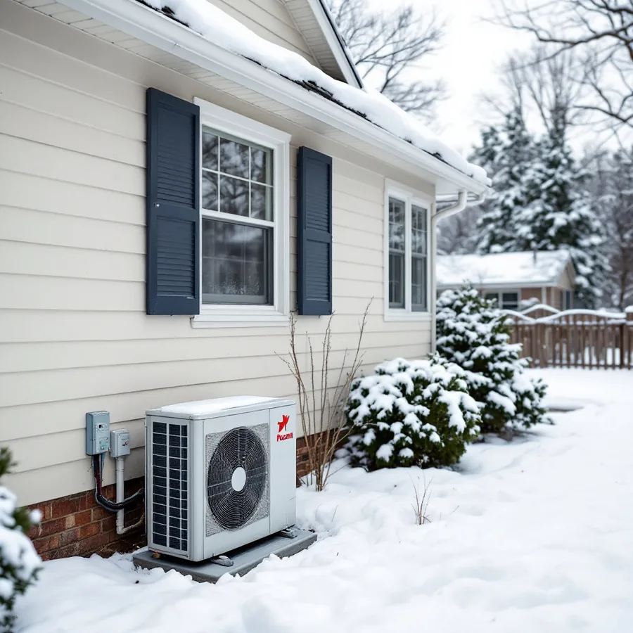 Suburban house in winter with snow on the roof and an outdoor heat pump unit on a pad beside the wall