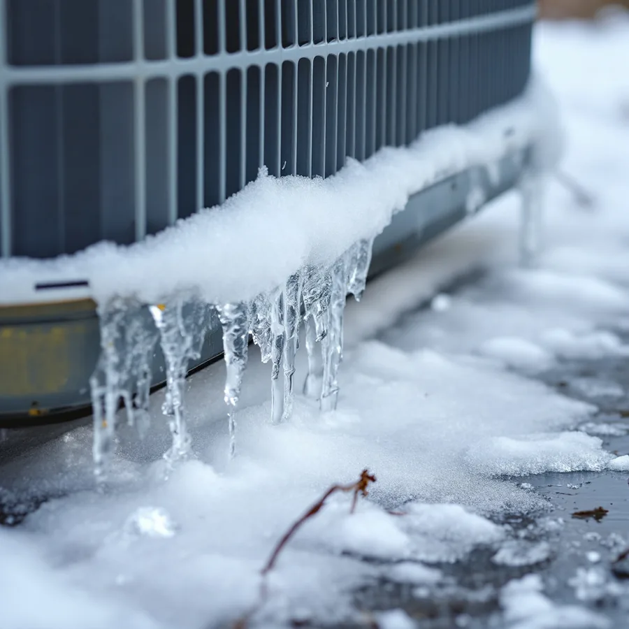 Thick ice built up around the base and lower panel of an outdoor unit sitting on its pad