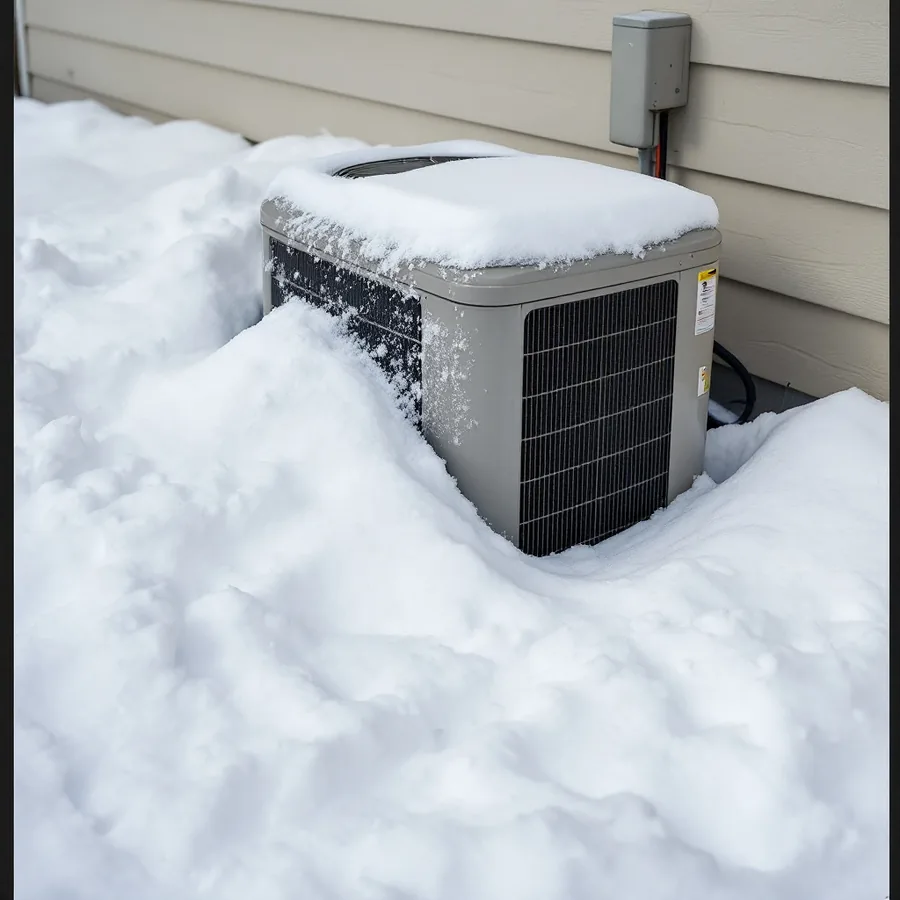 Outdoor heat pump unit buried up to its top panel in a deep snow drift against the side of a house