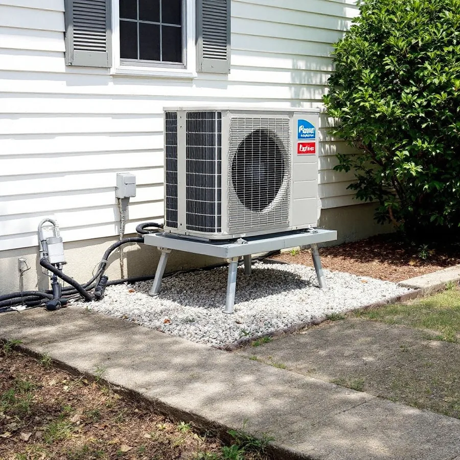 Outdoor heat pump unit raised on a metal stand above a gravel bed beside a house wall