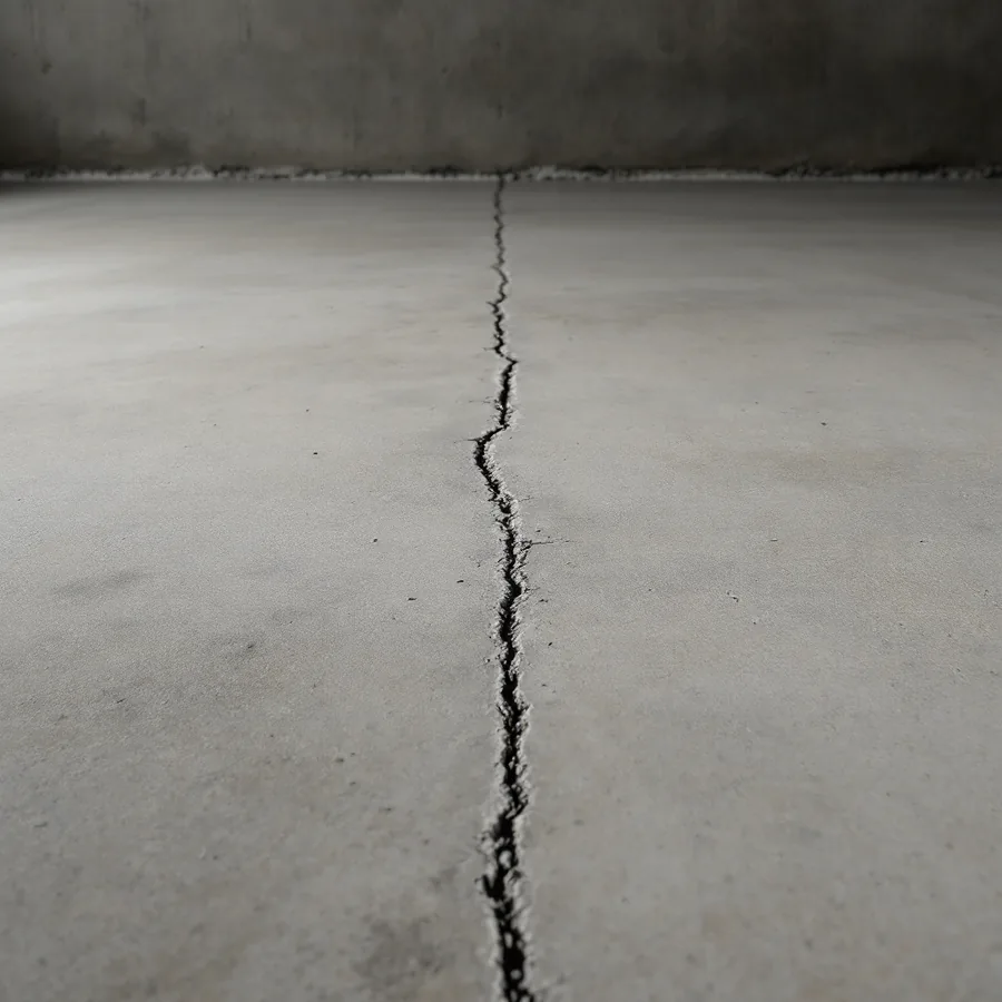 Bare concrete basement floor slab meeting a poured foundation wall with a hairline crack running across the slab