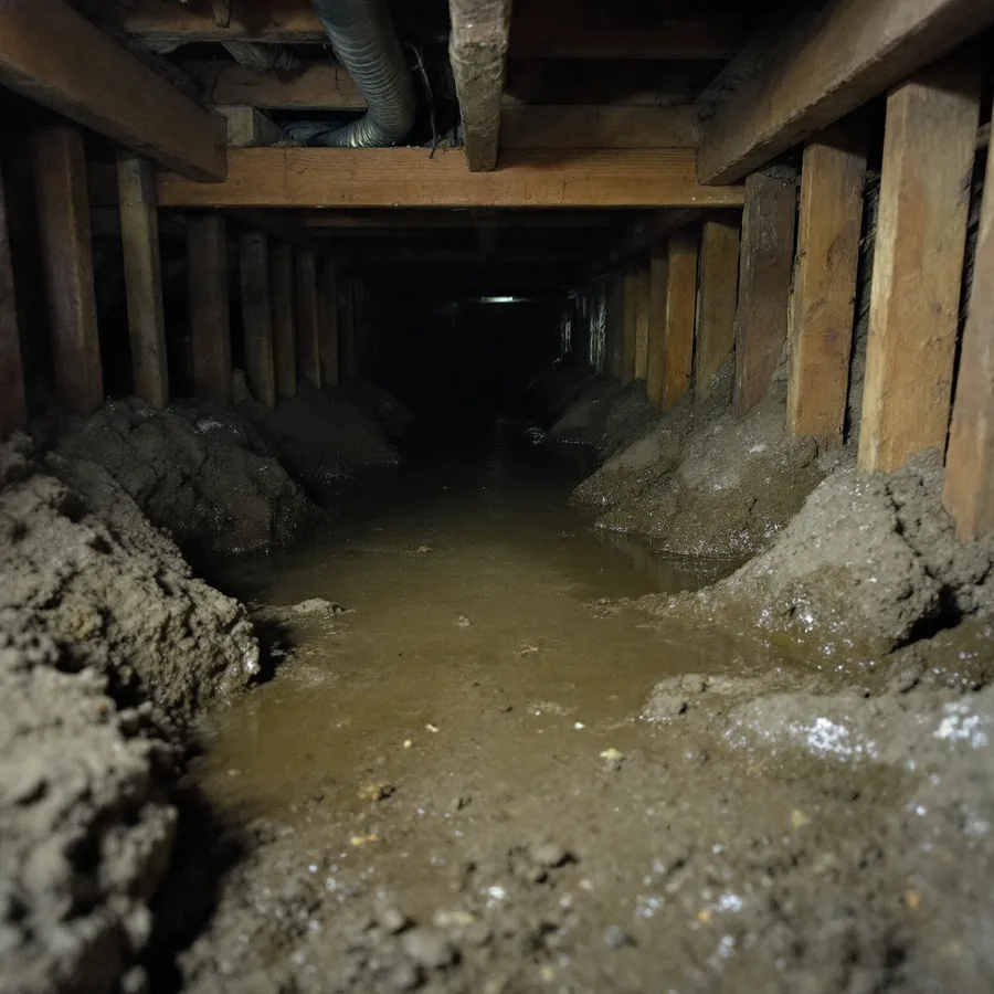 Damp dirt-floored crawlspace under a house with standing water between the joists and a flexible duct running overhead