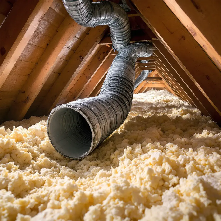 Flexible duct ending open in an attic above blown insulation without connecting to any vent