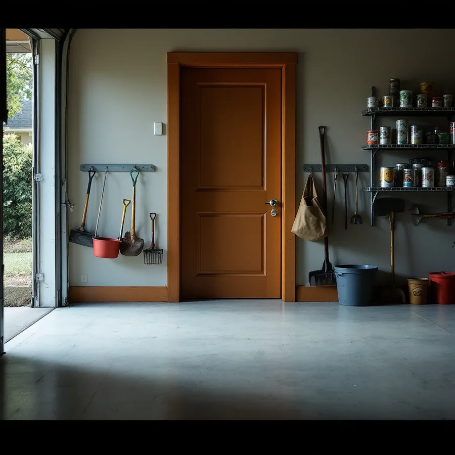 Interior door between an attached garage and a house seen from the garage side, with shelving of cans and garden tools along the wall