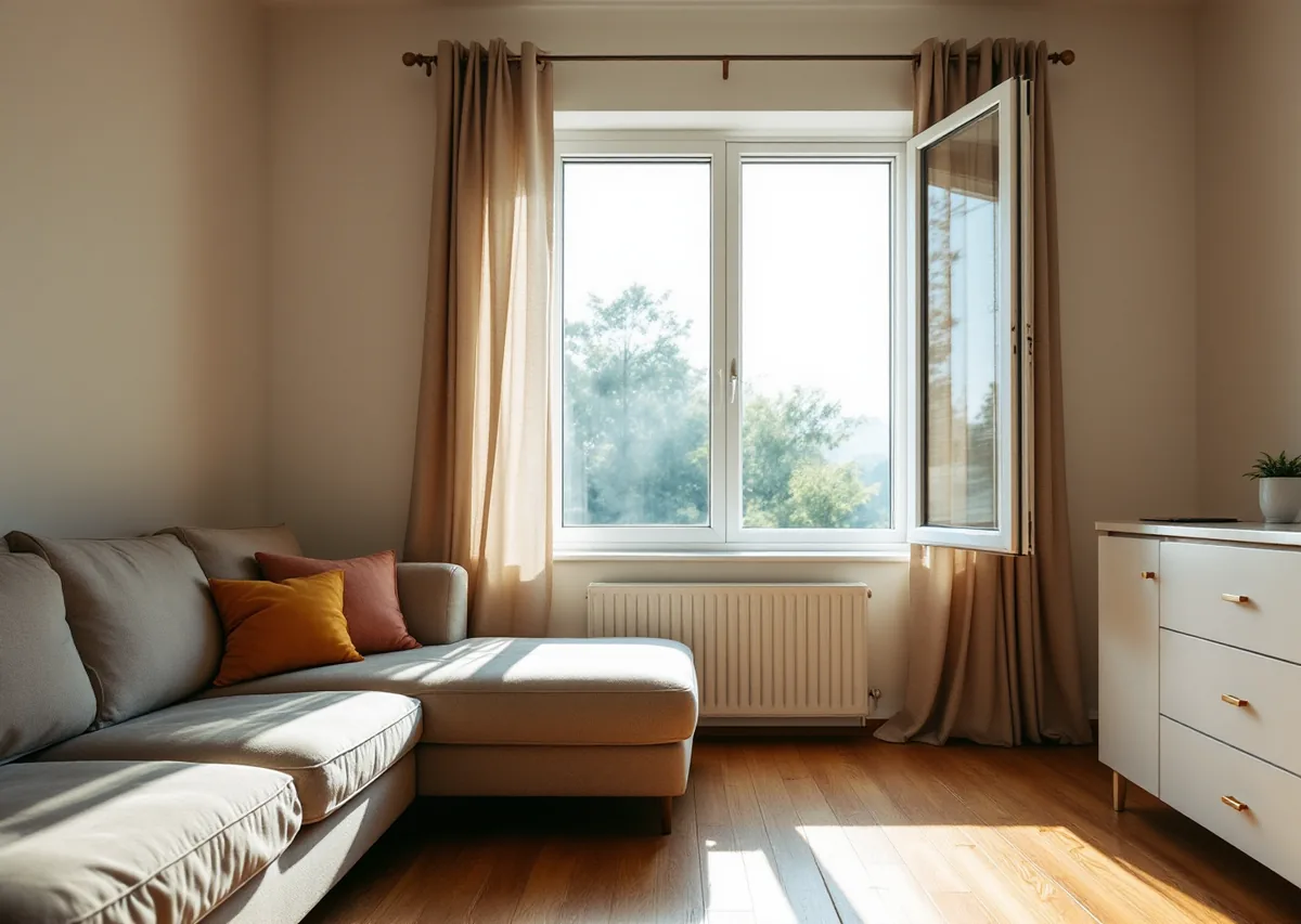 Bright ordinary living room with a window standing open, morning daylight
              falling across a wooden floor and light curtains beside the frame