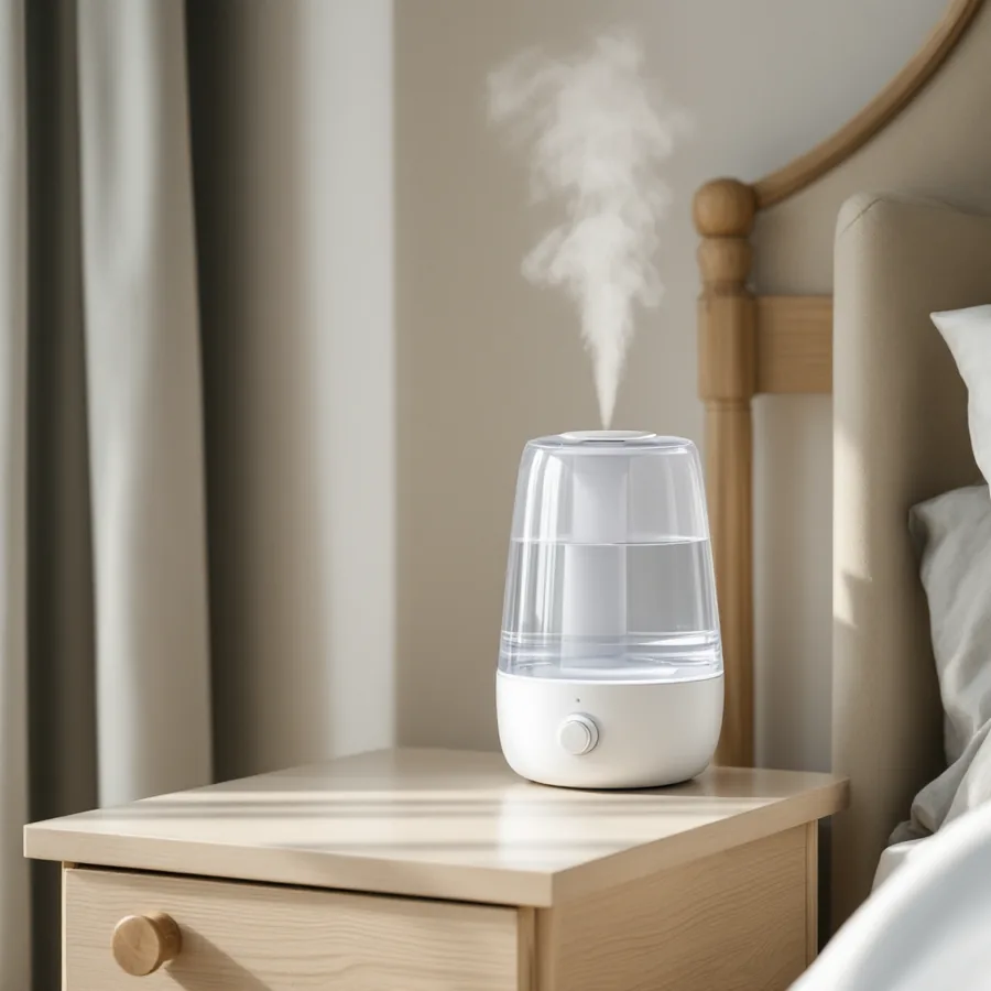 Plain white cool mist humidifier with a clear water tank on a bedside table, emitting a fine mist