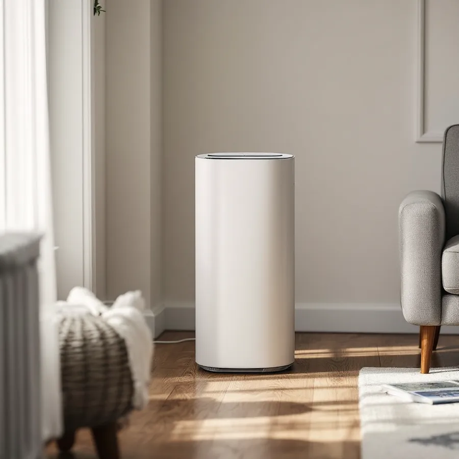 Plain white cylindrical portable air purifier standing on a wooden floor in the corner of a simply furnished room