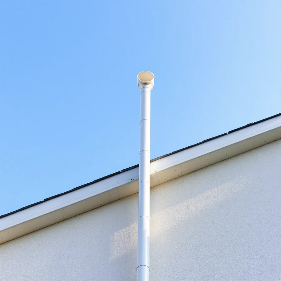 Single straight white PVC pipe rising vertically up the exterior wall of a house past the eaves and ending above the roof edge against a blue sky