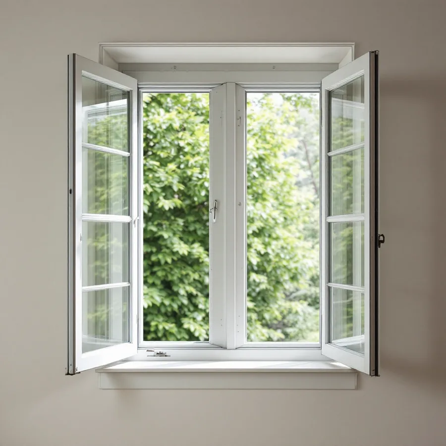 Double hung window standing open in a plain painted room with green foliage visible outside