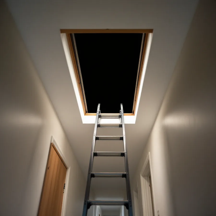 Open ceiling attic hatch in a hallway with a folding loft ladder lowered to the floor and dark attic space above