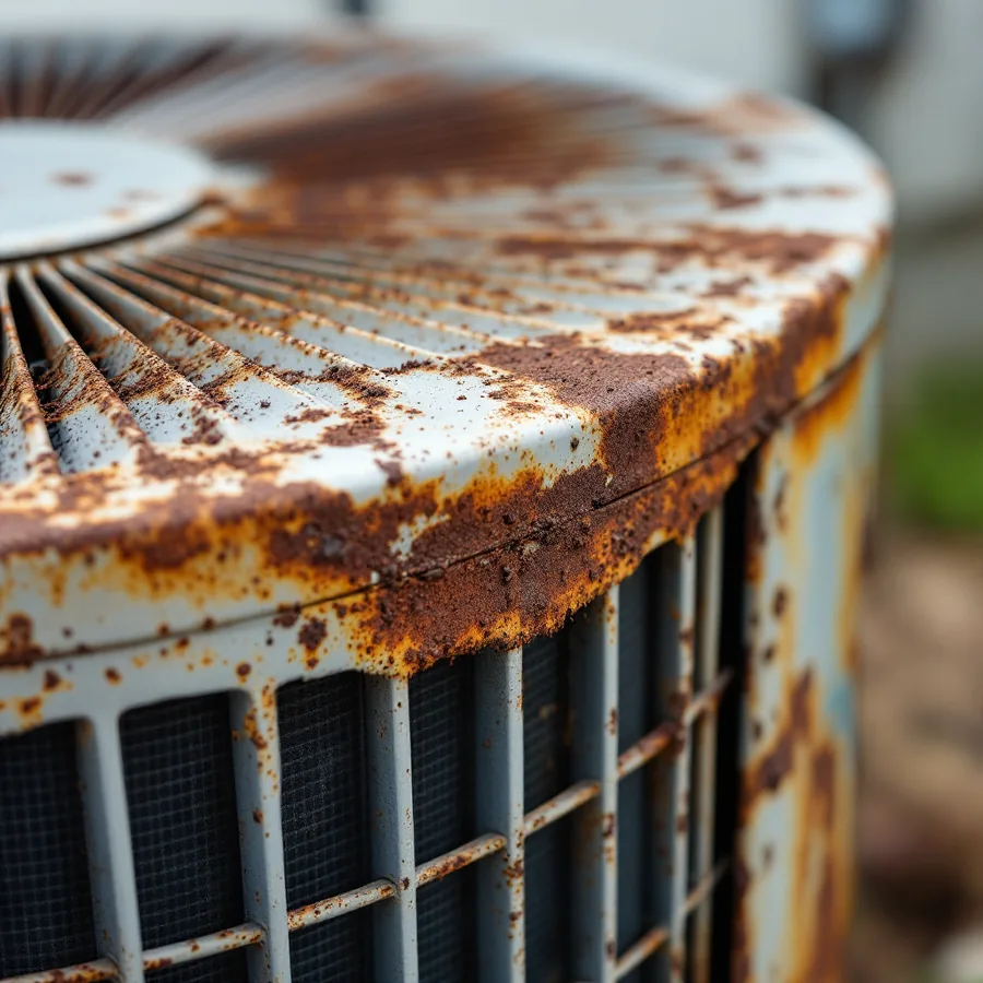 Close-up of the corroded salt-pitted aluminium fins and rusted cabinet corner of an outdoor condenser unit at a coastal house