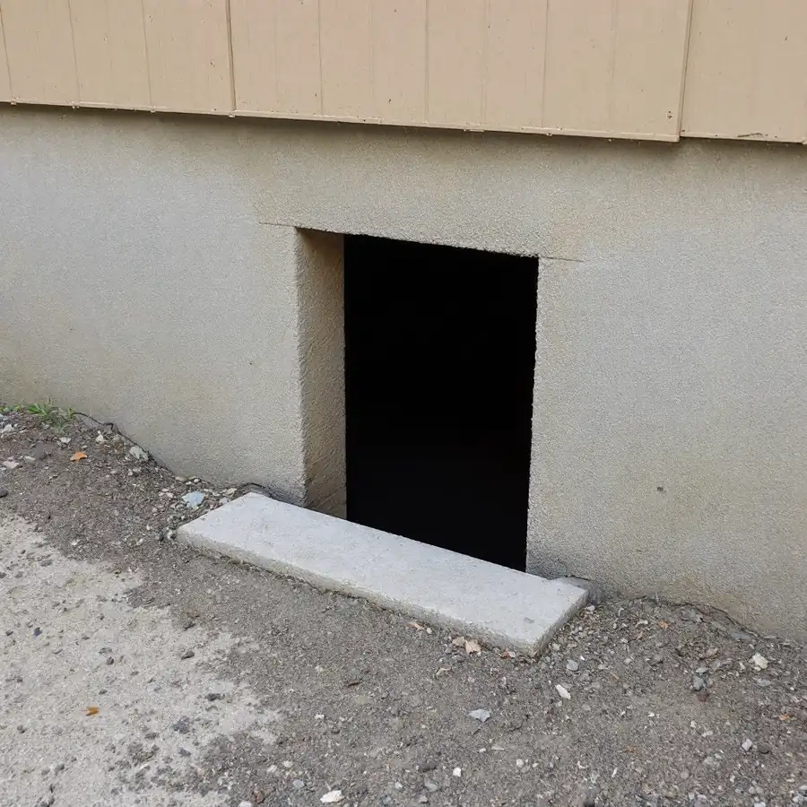 Small crawlspace access door set into the concrete foundation wall of a house at ground level standing open