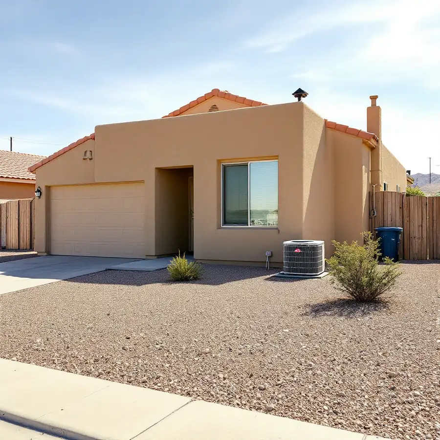 Single storey stucco house in an arid desert suburb with gravel landscaping and an outdoor condenser unit beside it