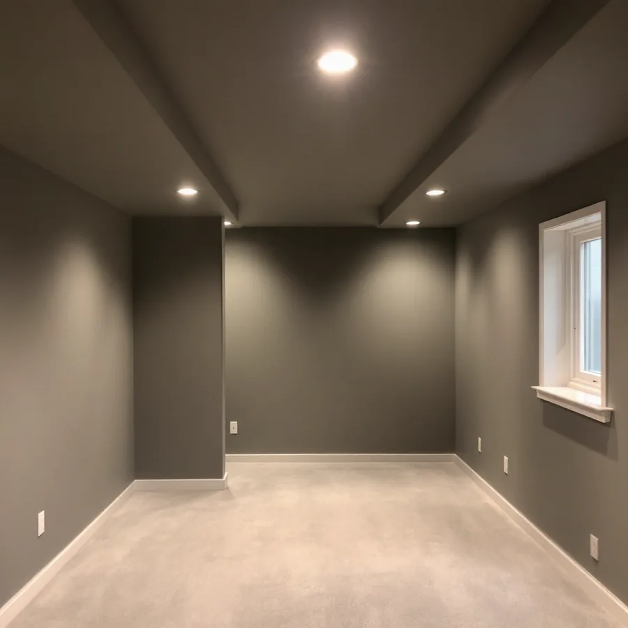 Fully finished basement room with a flat painted drywall ceiling and recessed lights and no visible pipes or ducts