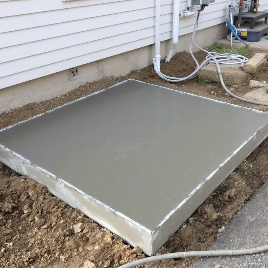 Freshly poured level concrete equipment pad on the ground beside a house wall with no equipment on it yet and electrical conduit stubbed up nearby