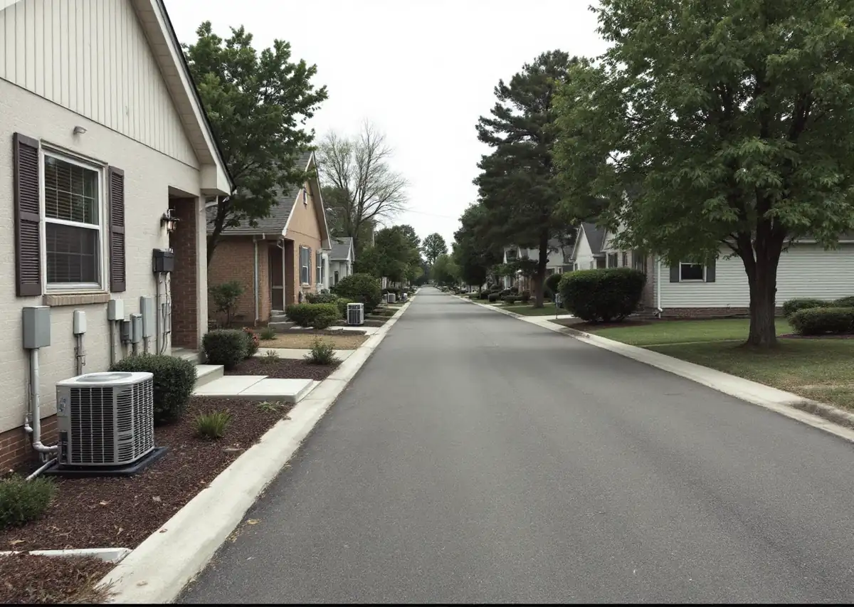 Quiet suburban street of similar single family houses with outdoor air
              conditioning condenser units standing beside several of them