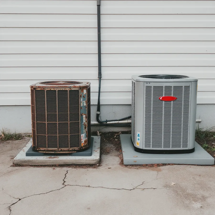 Rusted old outdoor condenser unit on a cracked concrete pad standing next to a brand new clean unit on a fresh pad beside a house wall