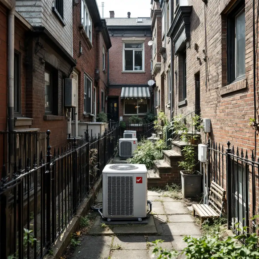 Dense terrace of narrow urban row houses with small rear yards and outdoor condenser units squeezed between fences