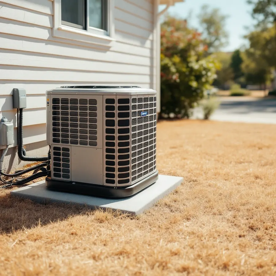 Outdoor air conditioning condenser unit on a concrete pad beside a suburban house at midday in high summer with a scorched brown lawn