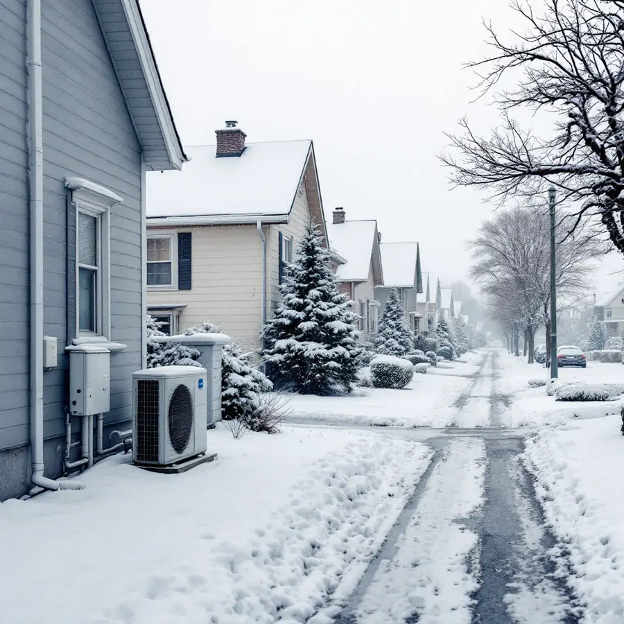 Residential street of houses under fresh snow in grey winter light with an outdoor unit beside the nearest house