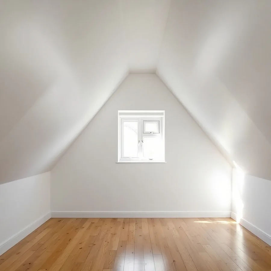 An empty finished attic room with sloped white ceilings on both sides, a small window in the end wall and a wooden floor