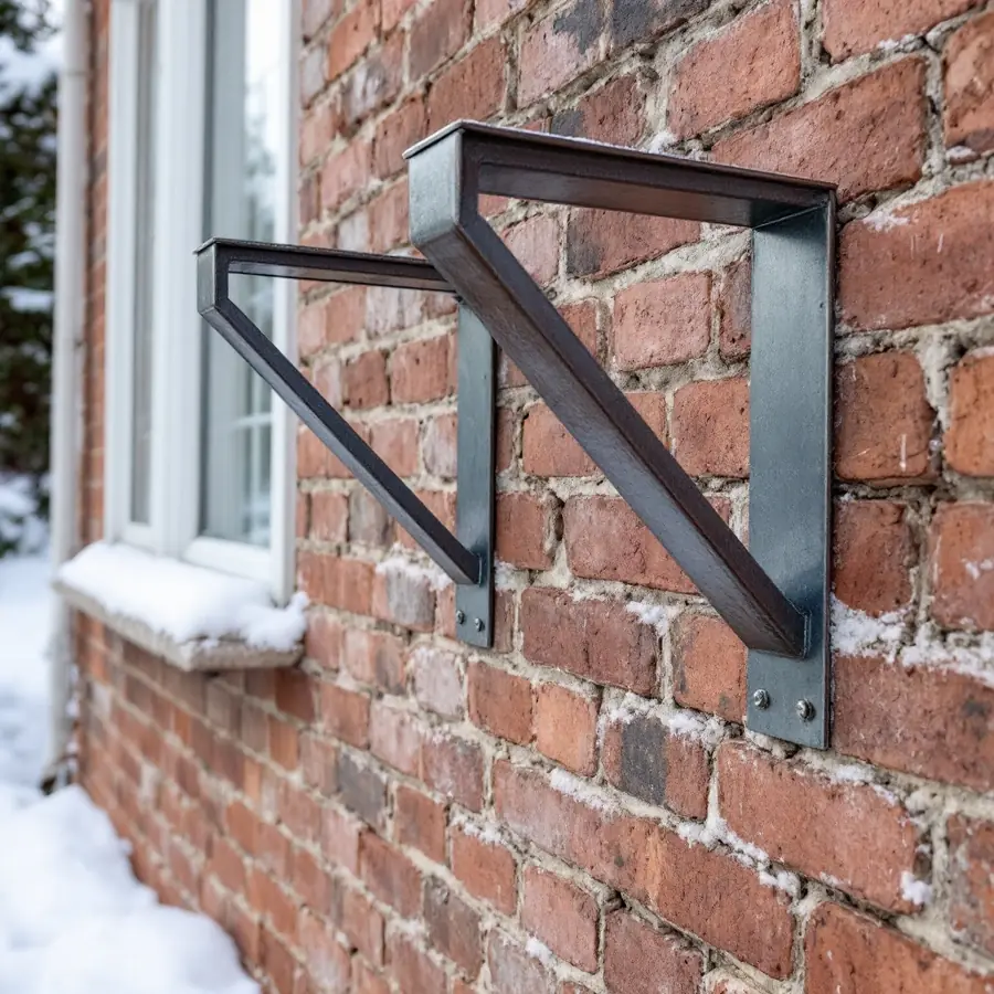 A pair of empty steel wall brackets bolted to a red brick house wall above snow-covered ground beside a window