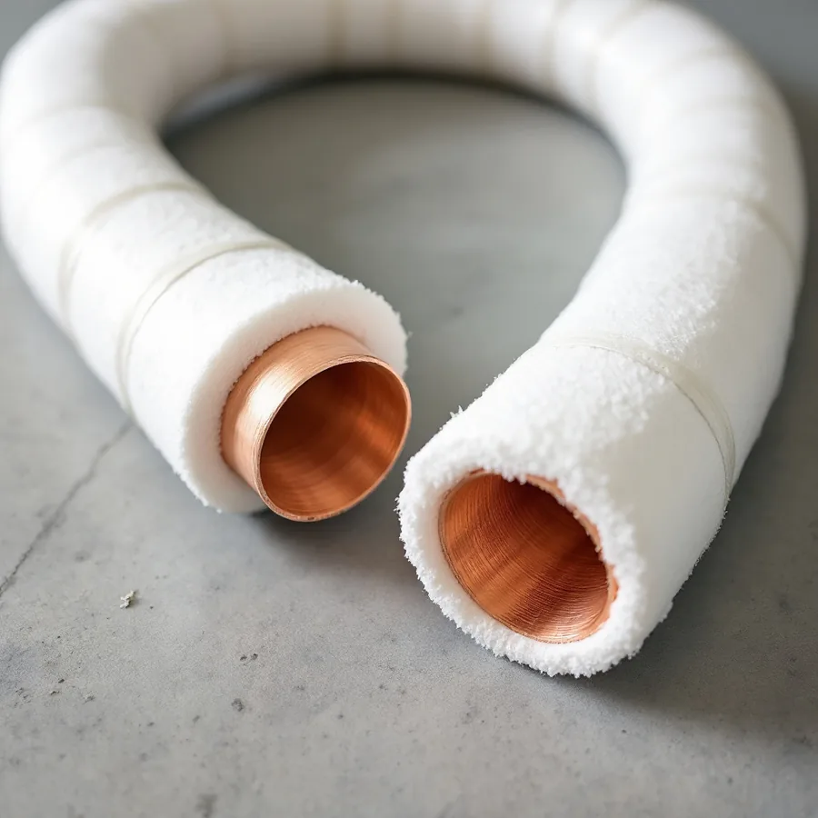 Close-up of two copper tubes wrapped in thick white foam insulation lying on a concrete floor, bright copper showing at the cut ends