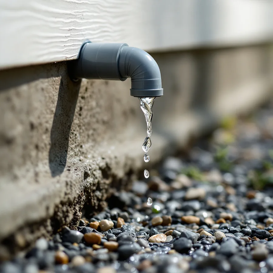 A grey plastic drain pipe coming out of the base of a house wall with clear water dripping from it onto gravel