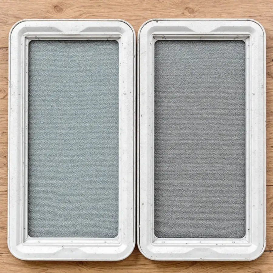 Two rectangular white plastic frames filled with fine grey mesh lying side by side on a wooden table