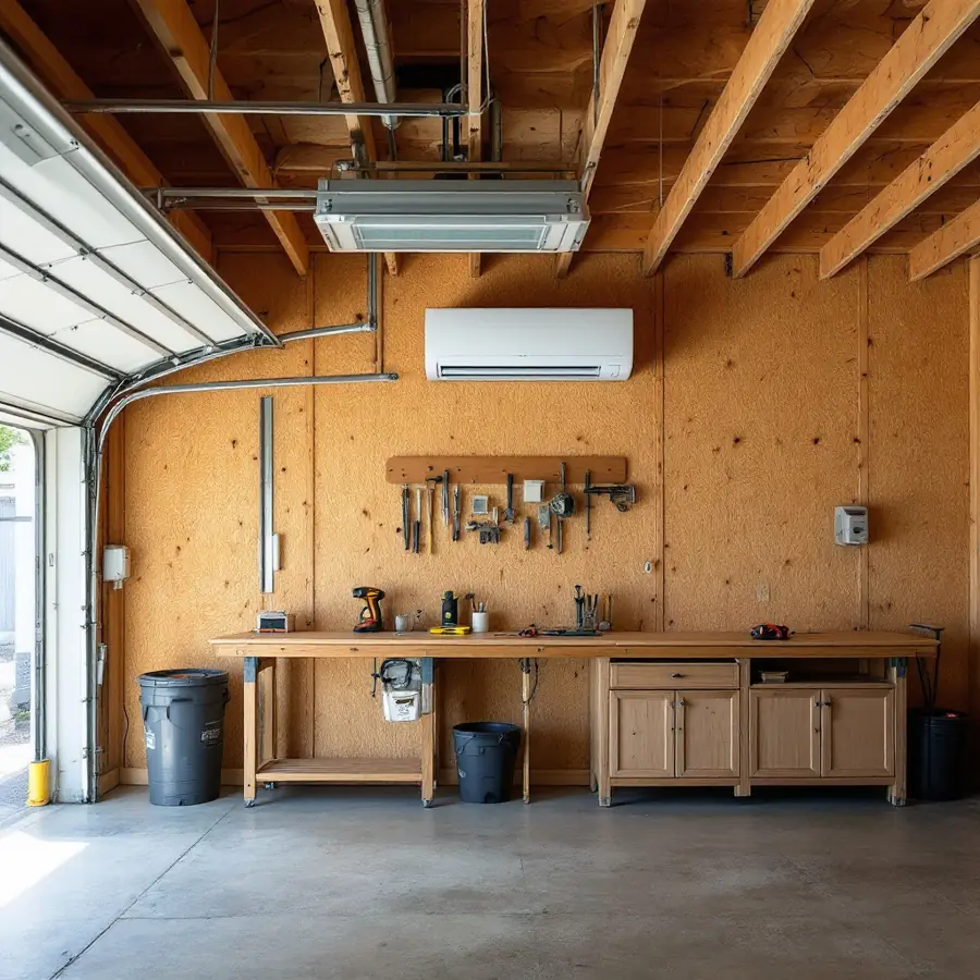 Inside a home garage with bare board walls and open ceiling joists, a white wall mounted unit high on the wall above a long workbench with tools