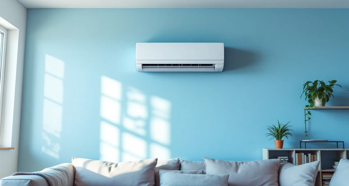 A white wall mounted mini split indoor unit high on a pale blue living room wall, sunlight from a window falling across the wall, a sofa and a low bookshelf with plants below