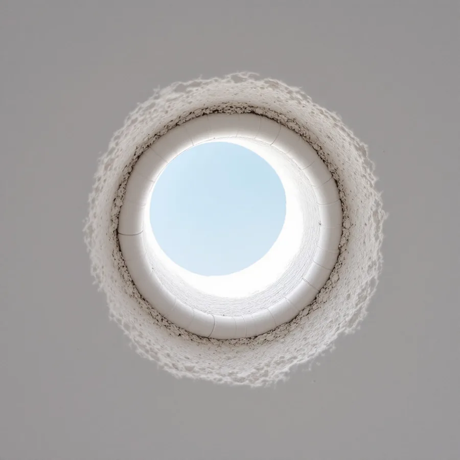 A round hole through a plastered wall lined with a white plastic sleeve, daylight visible through it