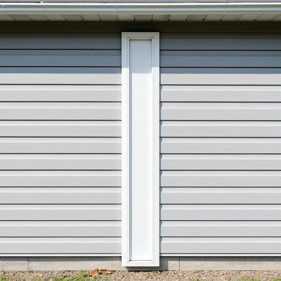 A white rectangular channel running vertically down the grey horizontal siding of a house from the eave to the foundation