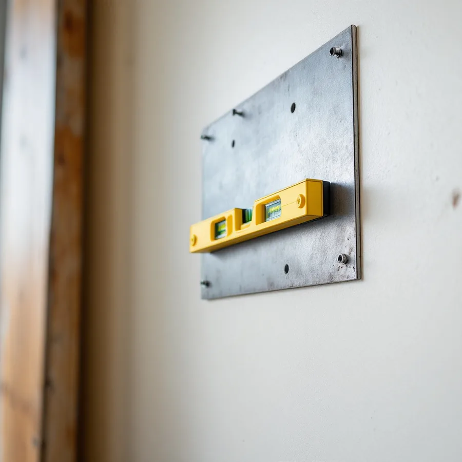 A flat steel mounting plate with screw holes fixed to a painted interior wall, a yellow spirit level resting against it