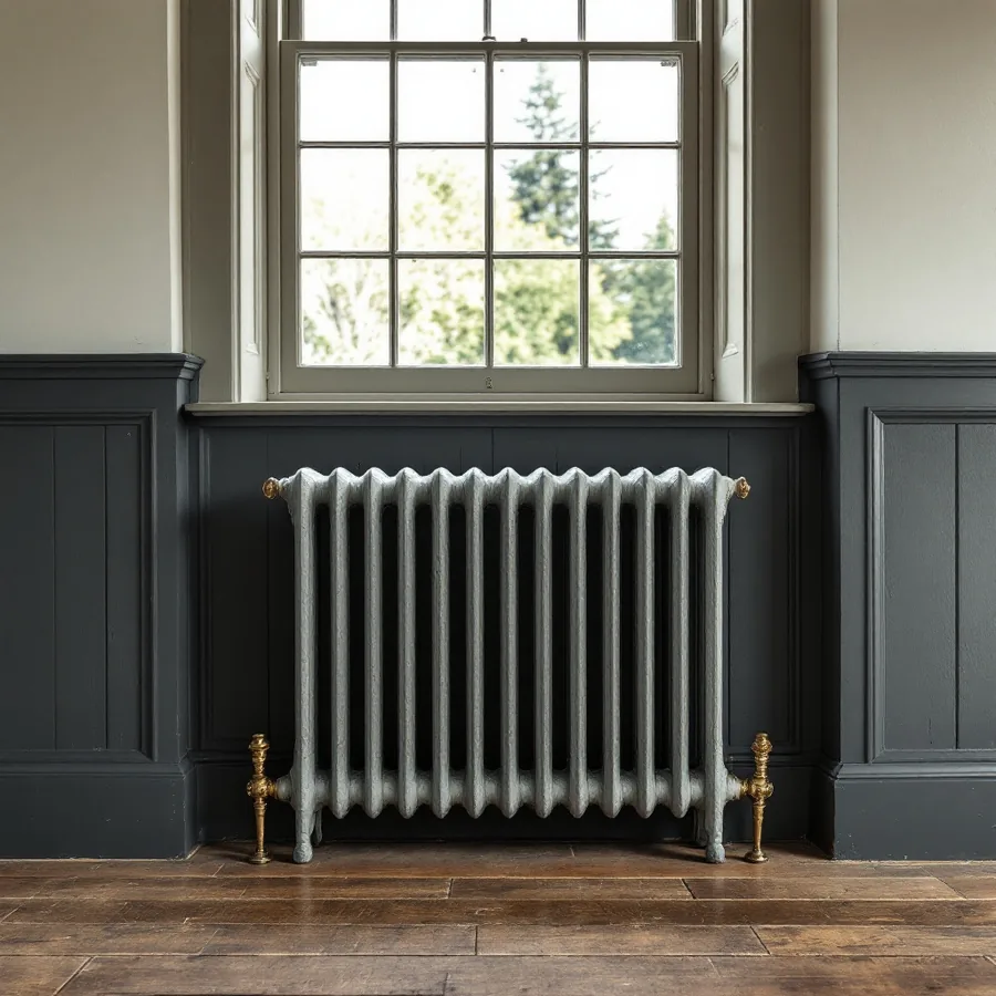 An old cast iron radiator under a tall sash window in a room with dark panelled walls and wide wooden floorboards