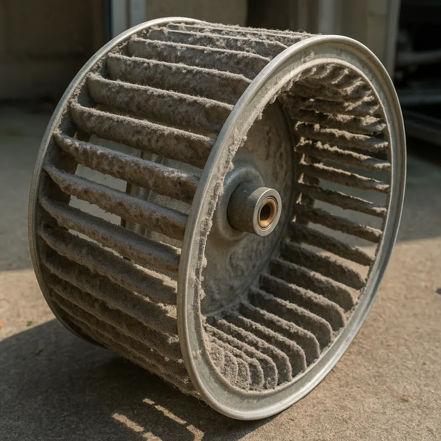 Squirrel cage blower wheel removed from a furnace with its curved metal blades caked in thick grey felted dust